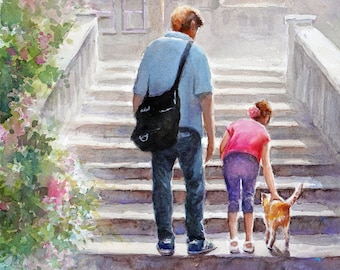 Ojciec i córka spacerują po parku: wydruk artystyczny akwareli