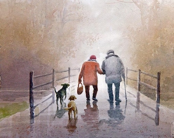 Pareja de ancianos paseando con sus perros en un parque en un día frío: Impresión artística de acuarela