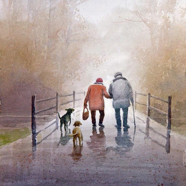 Walk In The Park Art print of watercolor painting - Old Couple - dogs, Trees, Park, Bench