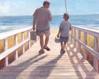 Father and Son - Go Fishing Art Print of Watercolor Painting - beach, ocean, nautical