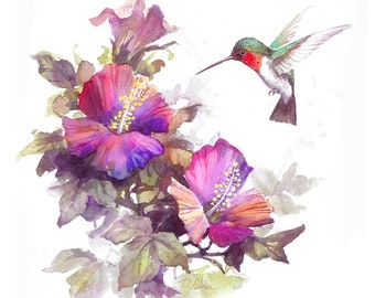 Kolibry i kwiaty: wydruk archiwalny akwareli