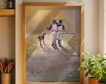 Baseballiści spacerujący z psem – akwarela, dekoracja ścienna z dziecięcą nostalgią