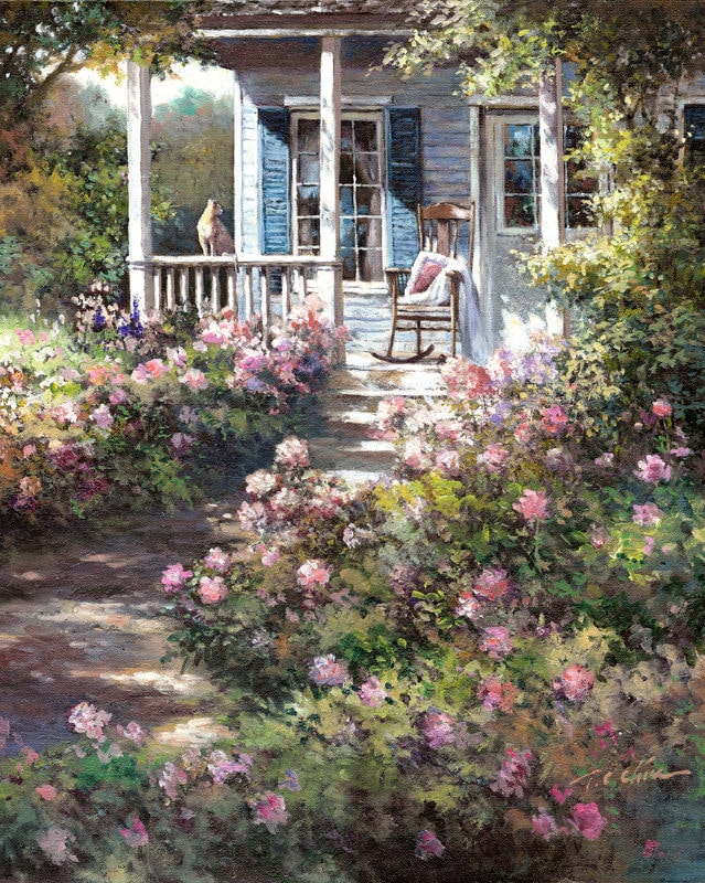 Cat Sitting on the Front Porch of a Rustic Home With Garden: Watercolor ...