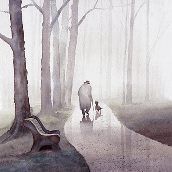 Walk In The Park Art print of watercolor painting - Old man and dog, Trees, Park, Bench