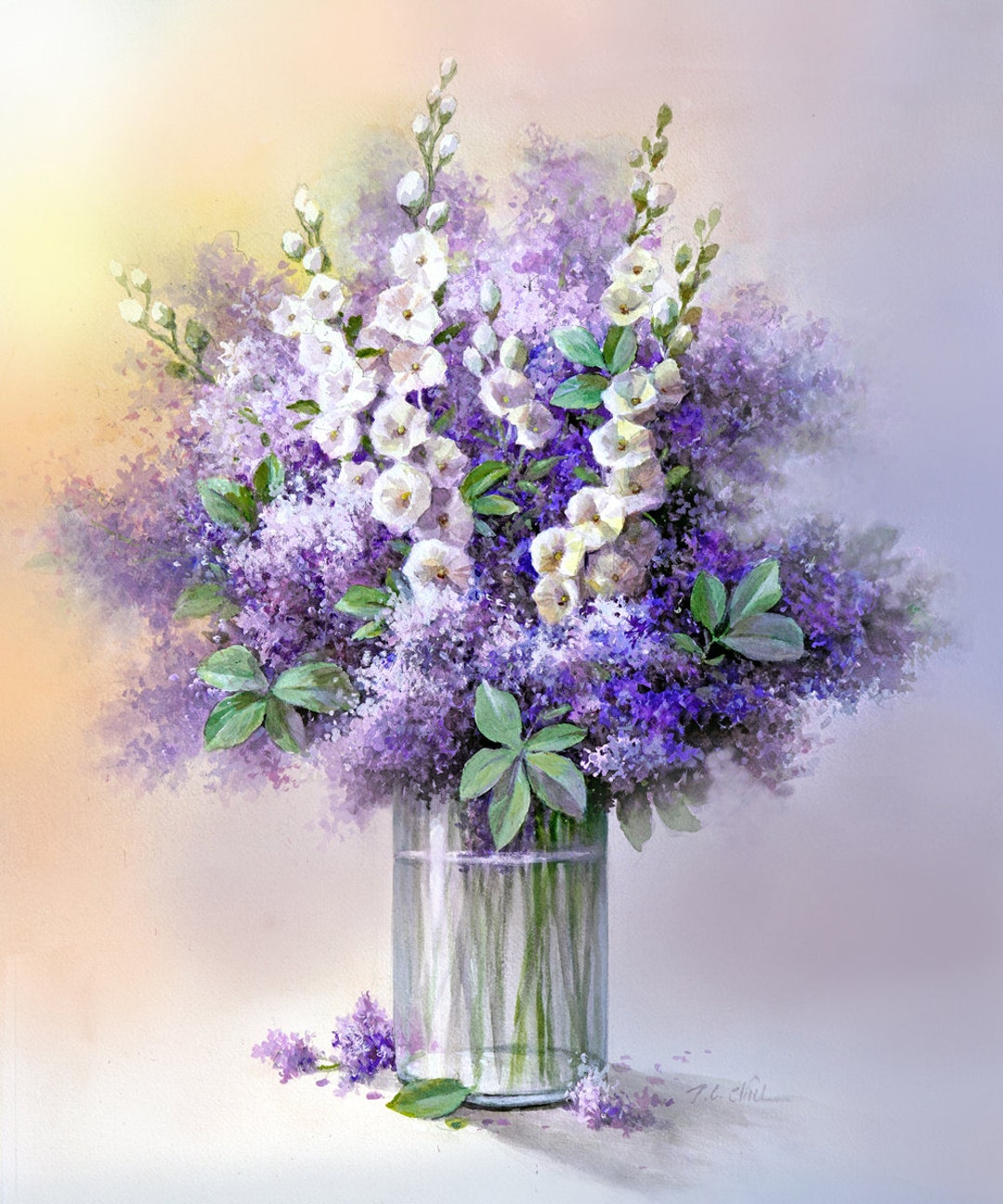 Violet and White Flowers in a Vase Art Print of Oil Painting Flower