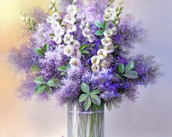 Violet and White Flowers -in a vase- Art Print of Oil Painting - Flower, Nature, Peaceful Gift,Gift to ladies