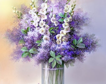 Violet and White Flowers Floral Arrangement Oil Painting Art Print