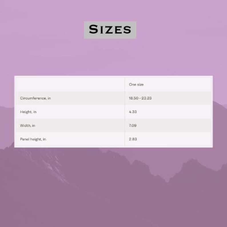 May include: Image displaying product size specifications. The text "SIZES" is at the top. A table shows measurements in inches: circumference (18.50-23.23), height (4.33), width (7.09), and panel height (2.83).