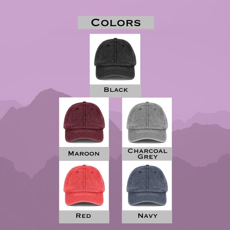 May include: Five different colored baseball caps. The caps are black, maroon, charcoal grey, red, and navy blue. The caps are all made of a soft, distressed denim material.