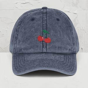 Cherry Embroidered Hat, Retro Dad Hat, Cherry Red Vintage Cap, Embroidered Fruit Hat, Gift for Her, Cherry Vibe, Best Friend Gift, Fruity image 1