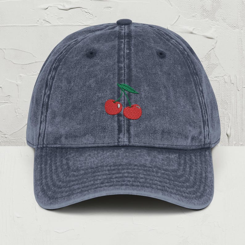 Cherry Embroidered Hat, Retro Dad Hat, Cherry Red Vintage Cap, Embroidered Fruit Hat, Gift for Her, Cherry Vibe, Best Friend Gift, Fruity image 1