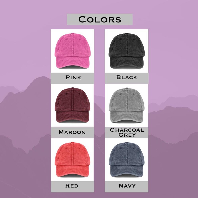 May include: A display of six baseball caps in various colors: pink, black, maroon, charcoal grey, red, and navy. The word "COLORS" is at the top. Each cap is shown against a white background with the color name below.