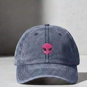 Embroidered Pink Alien Hat, UFOs Are Real, Pink Alien Head Hat, Space Themed Cap, Quirky Embroidered Hat, Cosmic Fashion, Rave Hat, Extra