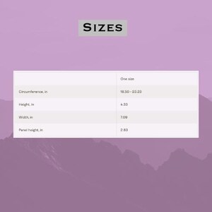 May include: A table showing the size measurements of a product in inches. The measurements include circumference, height, width, and panel height.