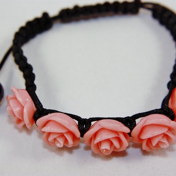 Pink Rose Floral Shamballa Bracelet with Glass Beads