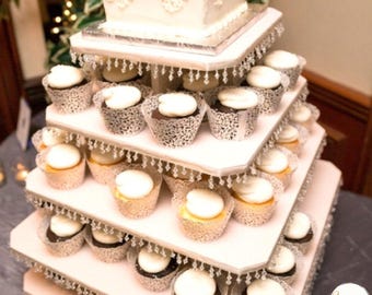 8-Tier Cascade Wedding Cupcake Cake Stand - Clear Plastic & Glass, Modern Design For Events