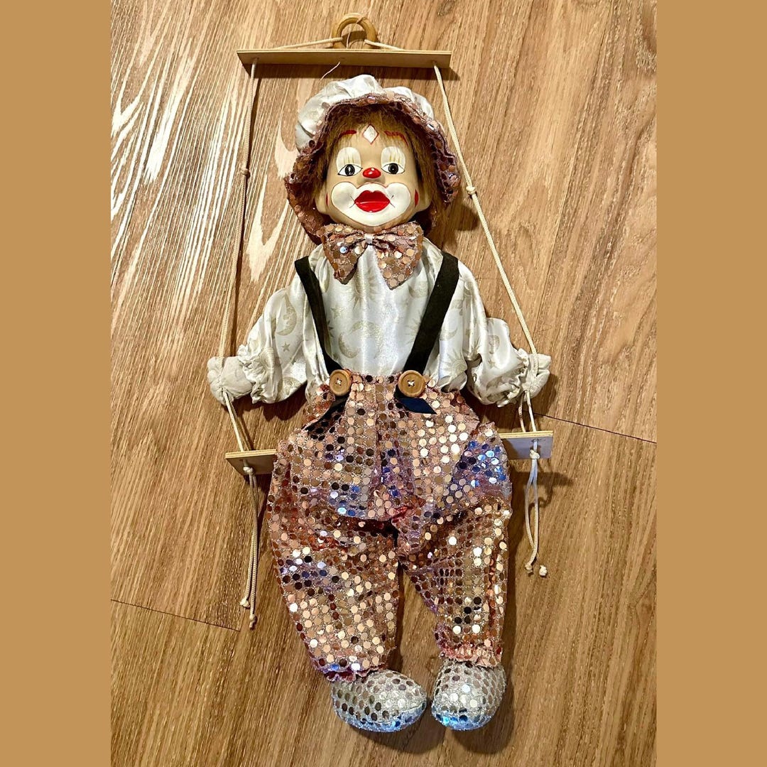 Puppet Clown Vintage Porcelain Sitting on Wooden Swing - Etsy