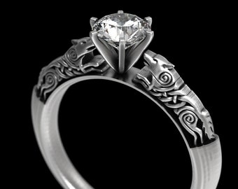 Platinum Wolf Engagement Ring, Diamond Wolf Wedding Ring, Celtic Diamond Wolf Ring, Irish Diamond Solitaire Ring, Platinum Celtic Ring, 1801