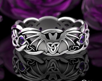 Amethyst Bat Ring, Sterling Vampire Bat, Halloween Ring, Winged Celtic Ring, Silver Spooky Ring, Flying Bat Ring, Purple Goth Ring, 3138