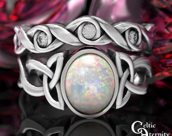 Opal & Moissanite Engagement Ring Set, Sterling Opal Wedding Ring Set, Celtic Opal Engagement Ring, Silver Irish Womens Opal Set, 1131 1132