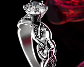 White Gold River Otter Solitaire Engagement Ring, Moissanite Otterkin Ring, Celtic Water Weasel Proposal Ring, 10K 14K 18K Engagement, 3060