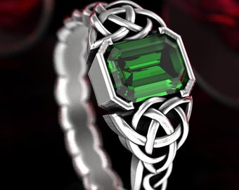 Celtic Engagement Ring, Emerald & Sterling Wedding Ring, Unique Engagement Ring, Goddess Ring, Emerald Cut Ring, Celtic Wedding Ring, 1306