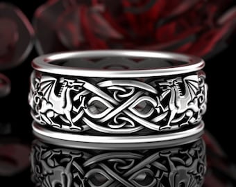 Mens Welsh Dragon Ring, Sterling Silver Double Dragons Wedding Band, Viking Dragon Ring, Celtic Irish Knotwork Ring, Nordic Dragons, 3108