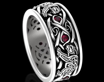 Viking Bear Wedding Band, Sterling Ruby Irish Wedding Ring, Mens Scottish Bear Ring, Woven Bear Wedding Ring, Silver Ruby Celtic Ring, 3095