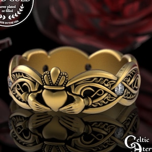 Woman&#39;s Gold Intricate Claddagh Ring, Moissanite Traditional Handfasting Ring, 10K Ladies Heart Crown Ring, 14K Woven Infinity Symbol, 3239