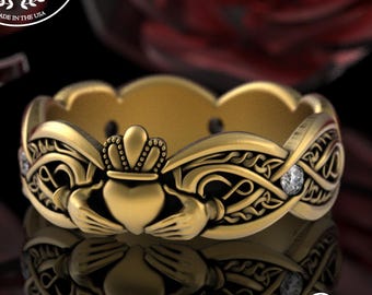 Woman's Gold Intricate Claddagh Ring, Moissanite Traditional Handfasting Ring, 10K Ladies Heart Crown Ring, 14K Woven Infinity Symbol, 3239