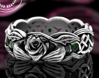 Emerald Irish Rose Heart Ring, Sterling Woman's Emerald Claddagh Ring, Wild Rose Wedding Ring, Scottish Bloom, Silver Botanical Ring, 3265