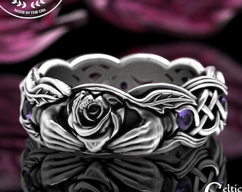 Sterling & Amethyst Rose Heart Ring, Woman's Floral Claddagh Ring, Wild Rose Wedding Band, Marriage Vow Ring, Silver Flower Petals, 3265