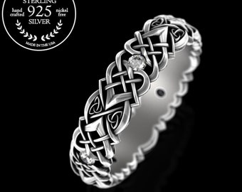 Womens Heart Knotwork Moissanite Ring, Sterling Silver Celtic Woven Heart Ring, Moissanite Irish Wedding Band, Nordic Silver Ring, 4014