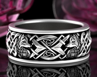 Mens Fox Soulmate Ring, Sterling Silver Fox Ring, Celtic Heart Wedding Ring, Irish Fox Ring, Mens Knotwork Wedding Band, Foxes Jewelry, 3153