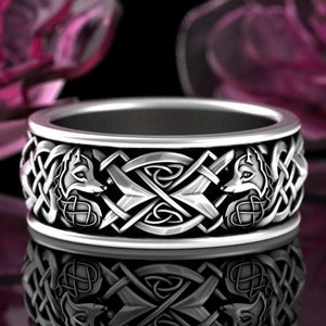 Mens Fox Soulmate Ring, Sterling Silver Fox Ring, Celtic Heart Wedding Ring, Irish Fox Ring, Mens Knotwork Wedding Band, Foxes Jewelry, 3153
