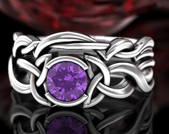 Matching Irish Solitaire Ring Set, Sterling & Amethyst Celtic Knotwork Wedding Set, Womens Knotwork Wedding Band Set, Silver Trinity 405 406