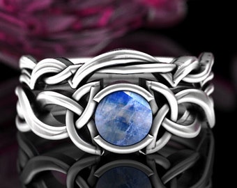 Moonstone Solitaire & Wedding Band, Sterling Irish Engagement Ring Set, Matching Bridal Celtic Fitted Rings, Minimalist Trinity Knot,405 406