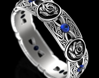 Silver Sapphire Rose Flower Ring, Sterling Botanical Irish Wedding Ring, Womens Rose Celtic Ring, Sapphire Flower Heart Wedding Band, 3046