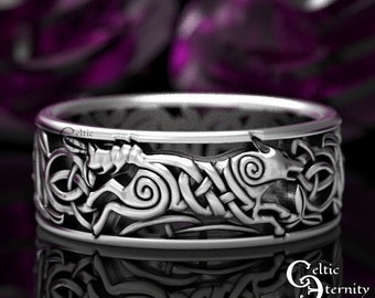 Sterling Celtic Wolf Ring, Wolf Wedding Ring, Wolf Wedding Band, Viking Wolf Ring, Men's Wedding Ring, Viking Wedding Ring, Norse Ring, 1298