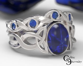 Star Sapphire Engagement Ring, Sapphire Celtic Ring, Sterling Silver Star Sapphire, Star Sapphire Ring Set, Engagement Ring Set 1131 + 1132