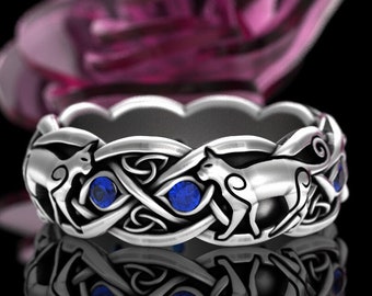 Celtic Cat Ring, Sterling Sapphire Irish Cat, Swirl Cat Wedding Band, Cat Lover Ring, Scottish Knotwork Ring, Sidhe Ring, Feline Ring, 3097