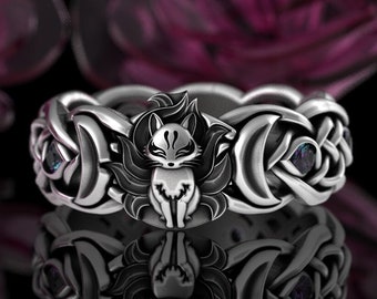 Alexandrite Fox & Moons Wedding Band, Sterling Nine Tailed Fox Ring, Crescent Moons Kitsune Ring, Silver Japanese Fox Knotwork Ring, 3199