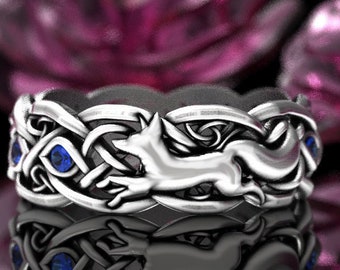 Womens Sterling Fox Ring, Sapphire Fox Wedding Ring, Fox Wedding Ring, Fox Wedding Band, Celtic Fox Wedding Ring, Silver Fox Ring, 4242