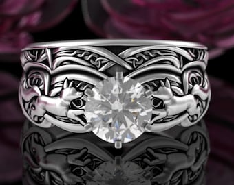 Sterling Silver Fox Bridal Wedding Set, Kitsune Moissanite Solitaire Ring,  Irish Faoladh Stacking Gemstone Engagement Rings, 3071 1971
