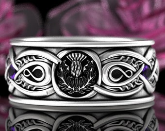 Mens Amethyst Wedding Ring, Sterling Scottish Thistle Ring, Amethyst Wedding Ring, Irish Thistle Wedding Band, Celtic Thistle Ring, 3036