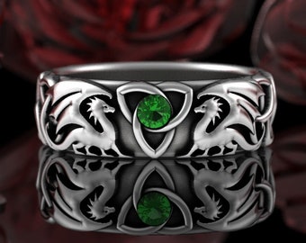 Ladies Emerald Dragon Ring, Sterling Celtic Wyvern Wedding Band, Sterling Draco Wedding Ring, Emerald Irish Dragon Ring, D&D Ring, 3186