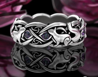 Alexandrite Squirrel Wedding Band, Sterling Forest Ring, Norse Ratatoskr Ring, Silver Animal Ring, Celtic Woodland Wedding Ring, 3143