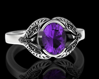 Amethyst & Sterling Womens Viking Ring, Silver Raven Engagement Ring, Norse Bridal Oval Wedding Ring, Celtic Irish Purple Bird Ring, 3144