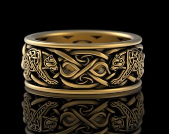 Mens Viking Gold Bear Ring, 10K 14K Man Wedding Band, 18K Nordic Bear Ring in White Gold, Platinum Groom Bear Celtic Wedding Ring, 3094
