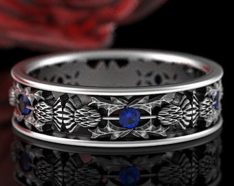 Womens Thistle Ring, Sterling Silver Womens Scottish Ring, Sapphire Scottish Ring, Sapphire Thistle Ring, Handmade Celtic Ring, 1769